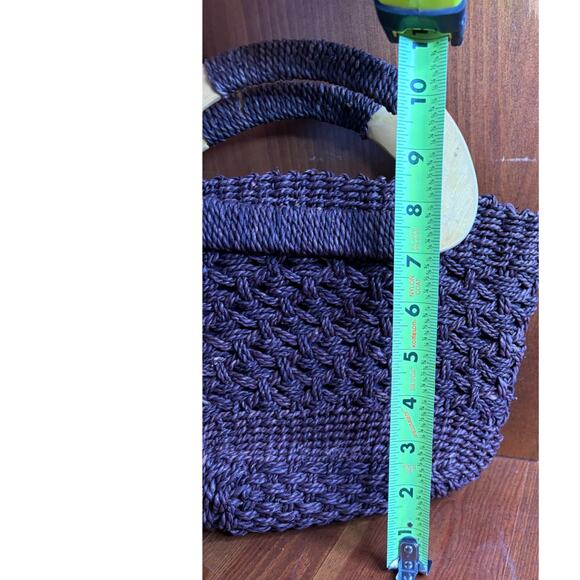 White Stag Straw Macrame Woven Handbag Dark Brown Wood Handles Boho 10" x 8" - Picture 7 of 12
